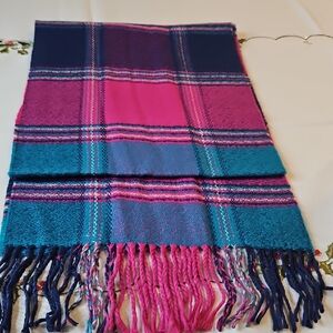 Vibrant Pink and Blue Plaid Cashmere Scarf 72" X 12" Brand New